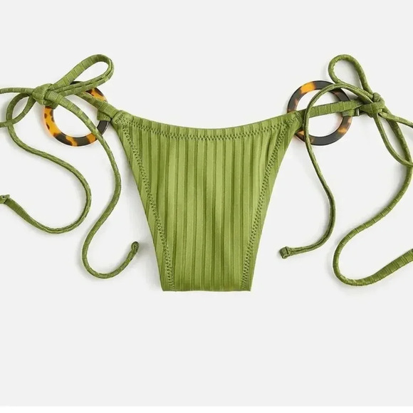 J Crew Wide rib curved waist cheeky string bikini bottom tortoise rings S NWT - Picture 1 of 7